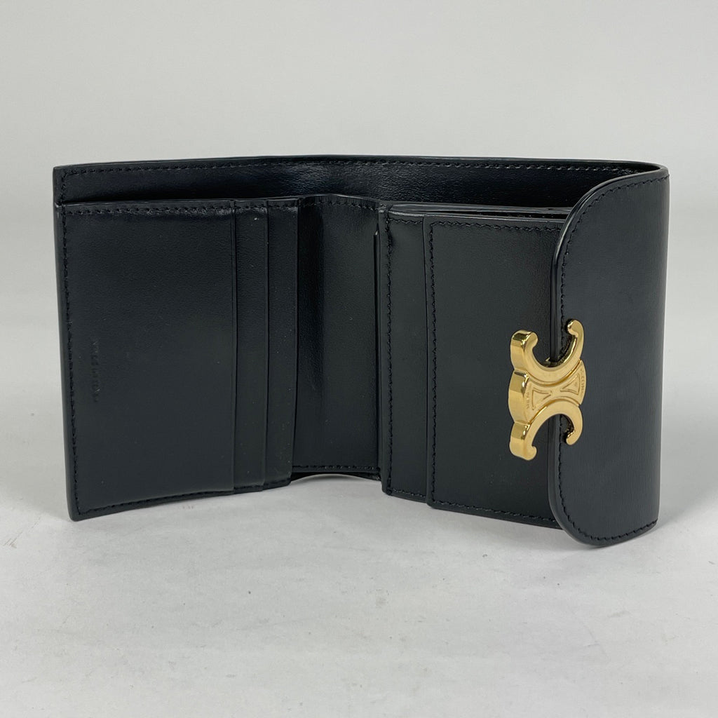 セリーヌ トリオンフ スモール フラップ ウォレット 三つ折り財布 レザー ブラック レディース 【中古】brbag