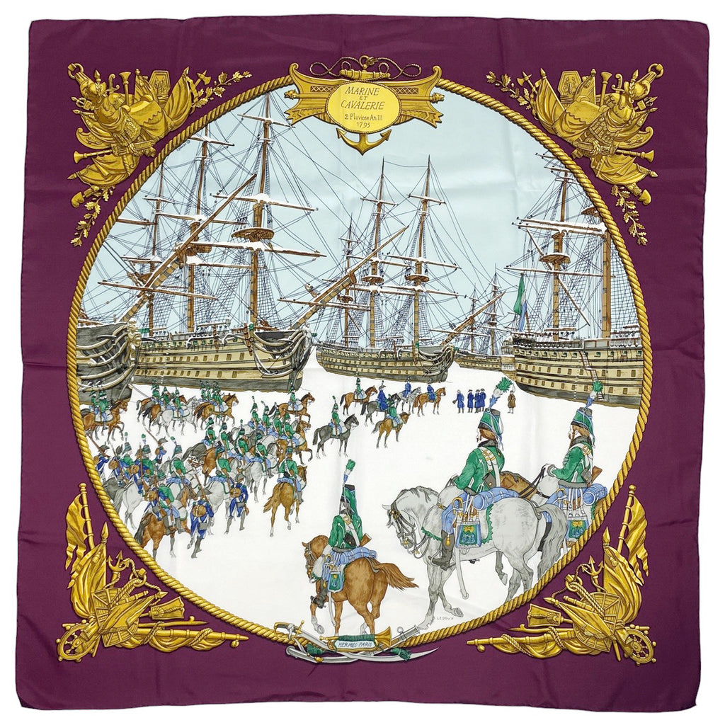 エルメス カレ 90 MARINE ET CAVALERIE 海と騎兵隊 スカーフ シルク パープル マルチカラー レディース 【中古】brbag