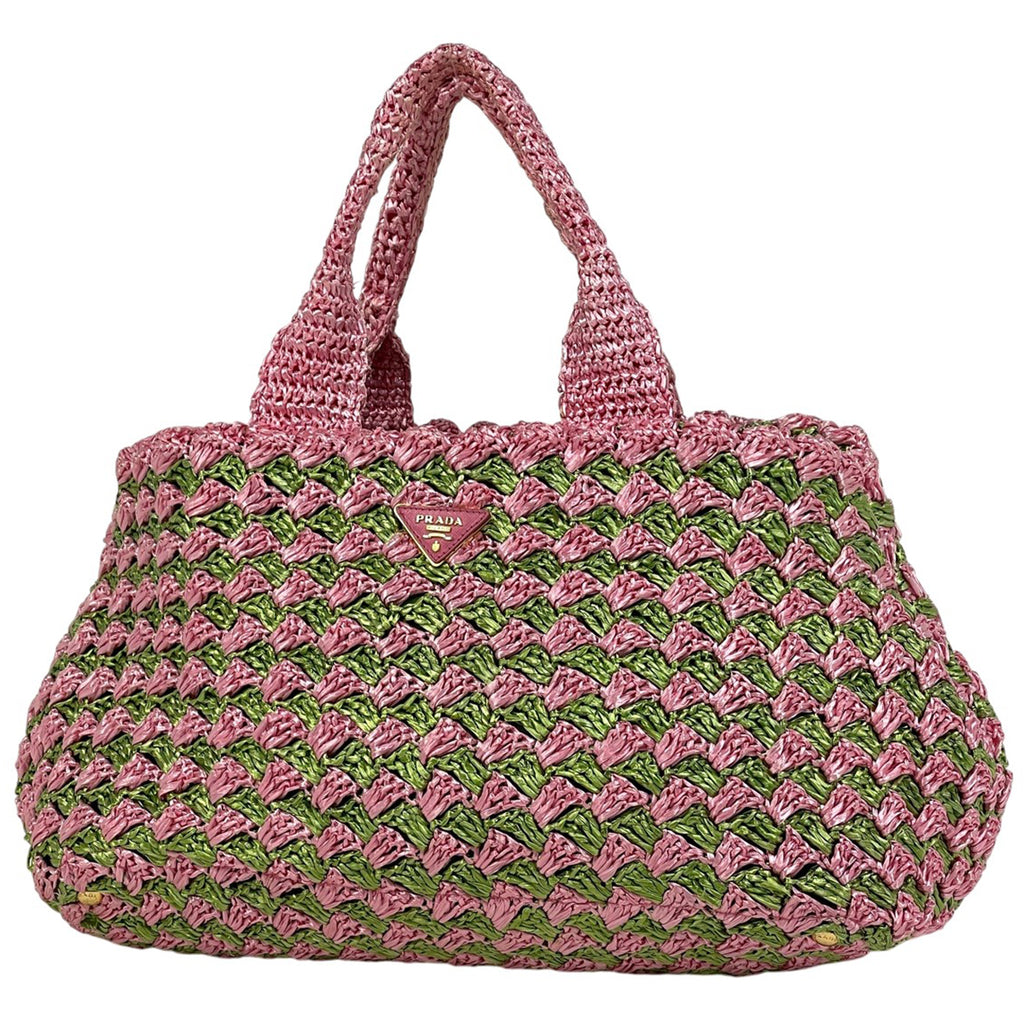 プラダ ロゴプレート トートバッグ ハンドバッグ かごバッグ トートバッグ ラフィア ピンク グリーン BN2303 レディース 【中古】brbag