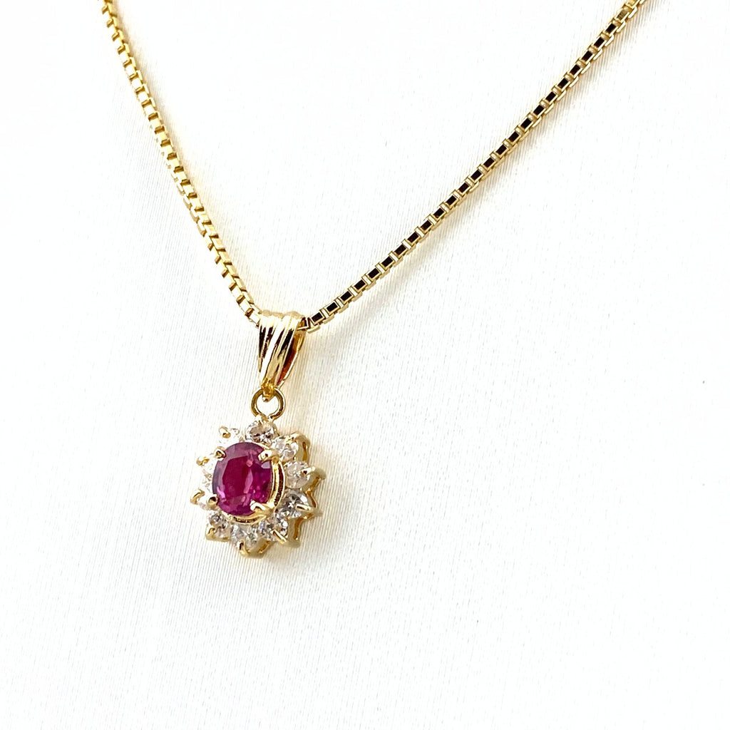 ルビー デザインネックレス YG イエローゴールド ペンダント メレダイヤ ネックレス K18 750 ルビー レディース 【中古】nbjwl