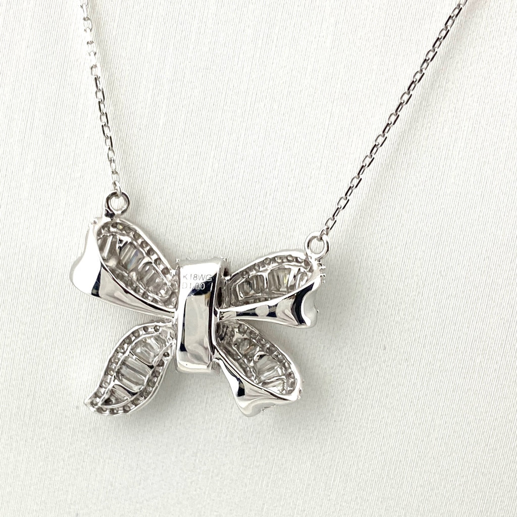 リボンモチーフ デザインネックレス WG ホワイトゴールド ペンダント ネックレス K18 WG ダイヤモンド レディース 【中古】nbjwl