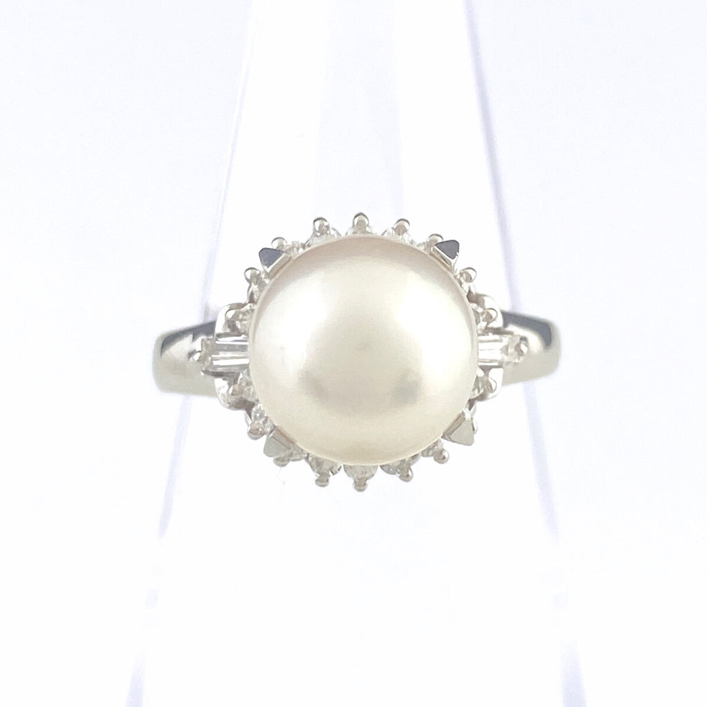 パール デザインリング プラチナ 指輪 メレダイヤ 真珠 リング 9号 Pt900 パール ダイヤモンド レディース 【中古】nbjwl