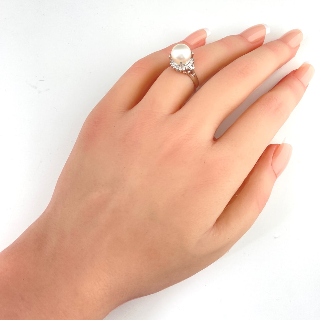 パール デザインリング プラチナ 指輪 メレダイヤ 真珠 リング 9号 Pt900 パール ダイヤモンド レディース 【中古】nbjwl