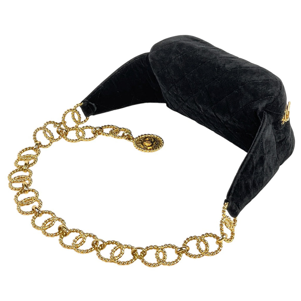 シャネル ココマーク チェーン ベルト ウエストバッグ ボディバッグ ウエストポーチ ボディバッグ ベルベット ブラック レディース 【中古】brbag