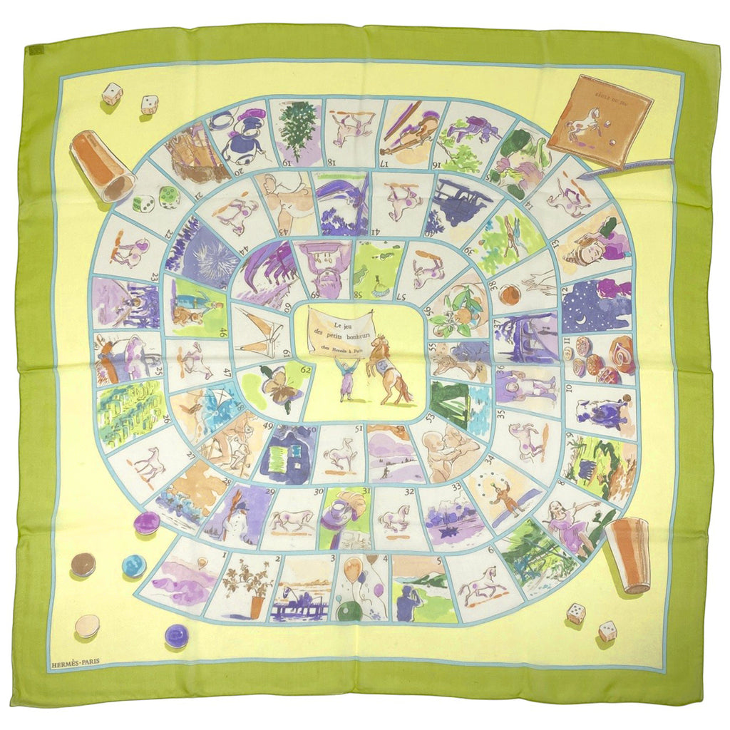 エルメス カレ 90 Le jeu des petits bonheurs 小さな幸せのゲーム シースルー シアー スカーフ シルク ライトグリーン マルチカラー レディース 【中古】brbag