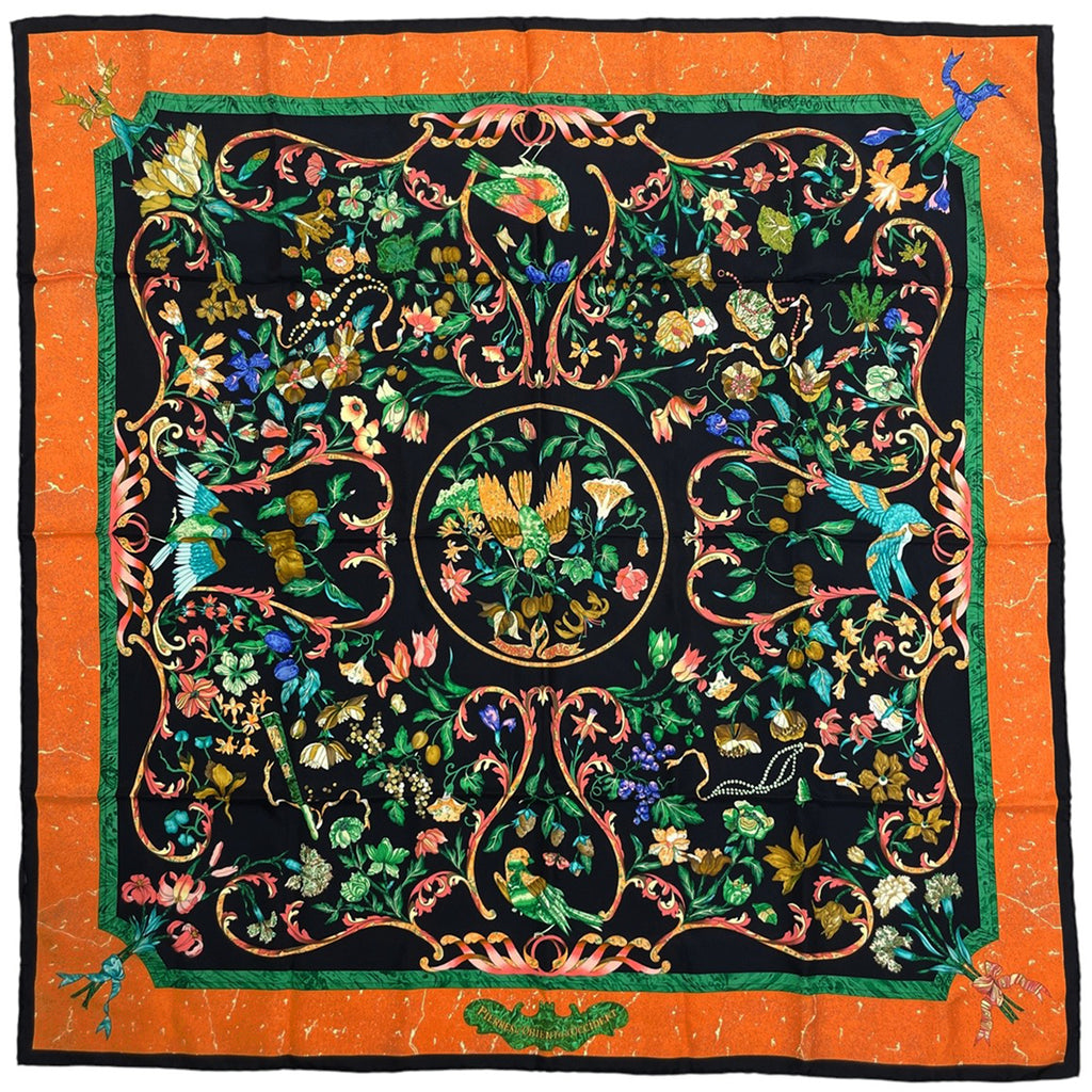 エルメス カレ 90 PiERRES d' ORiENT et d' OCCiDENT 東洋の石と西洋の石細工 鳥 花 果実 果物 スカーフ シルク ブラック オレンジ マルチカラー レディース 【中古】brbag