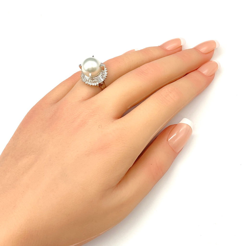 パール デザインリング プラチナ 指輪 メレダイヤ 真珠 リング 11号 Pt900 パール ダイヤモンド レディース 【中古】nbjwl