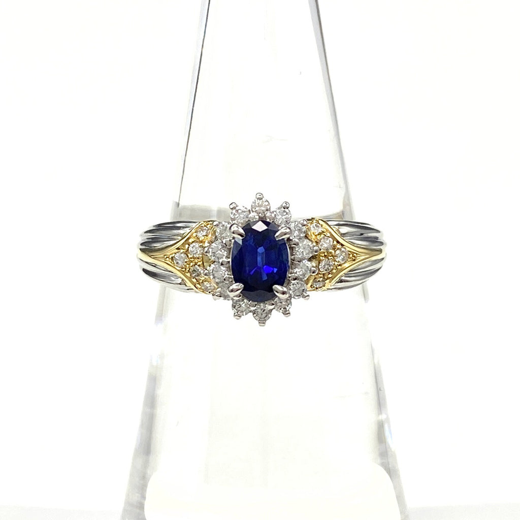 サファイア デザインリング プラチナ YG イエローゴールド 指輪 メレダイヤ リング 13号 Pt900 K18 サファイア レディース 【中古】nbjwl
