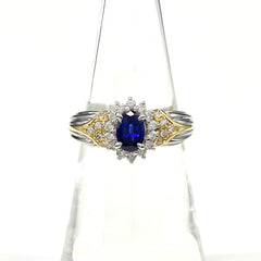 サファイア デザインリング プラチナ YG イエローゴールド 指輪 メレダイヤ リング 13号 Pt900 K18 サファイア レディース 【中古】nbjwl