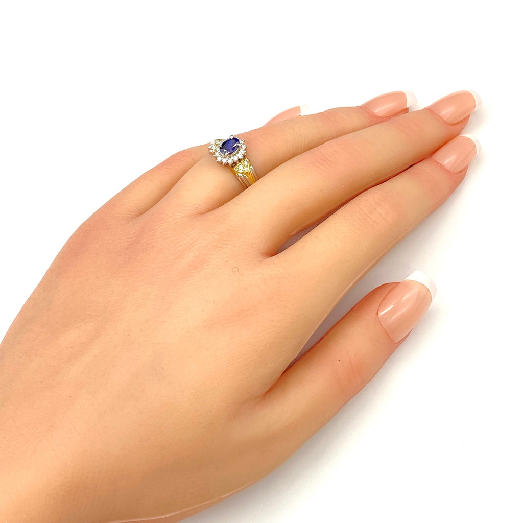 サファイア デザインリング プラチナ YG イエローゴールド 指輪 メレダイヤ リング 13号 Pt900 K18 サファイア レディース 【中古】nbjwl