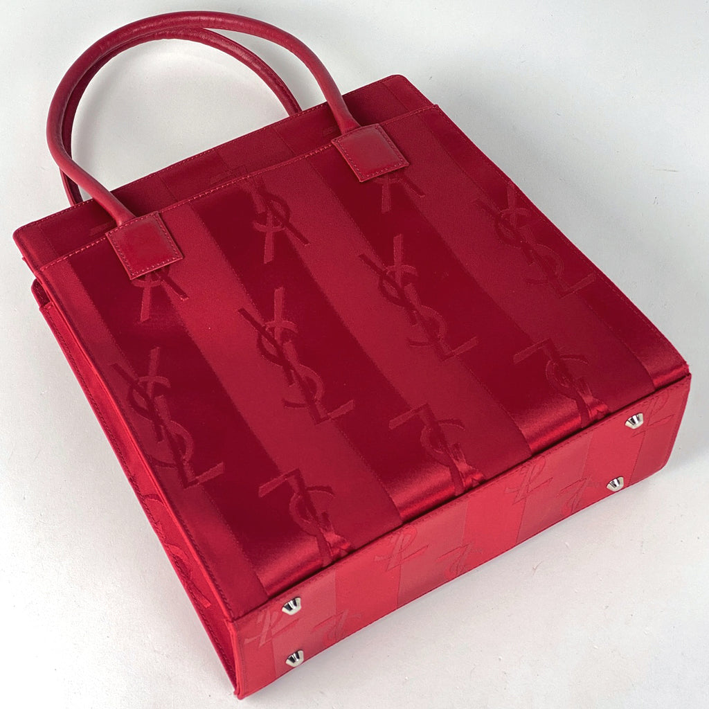 イヴ・サンローラン ロゴ ハンドバッグ YSL ストライプ ハンドバッグ サテン レッド レディース 【中古】brbag