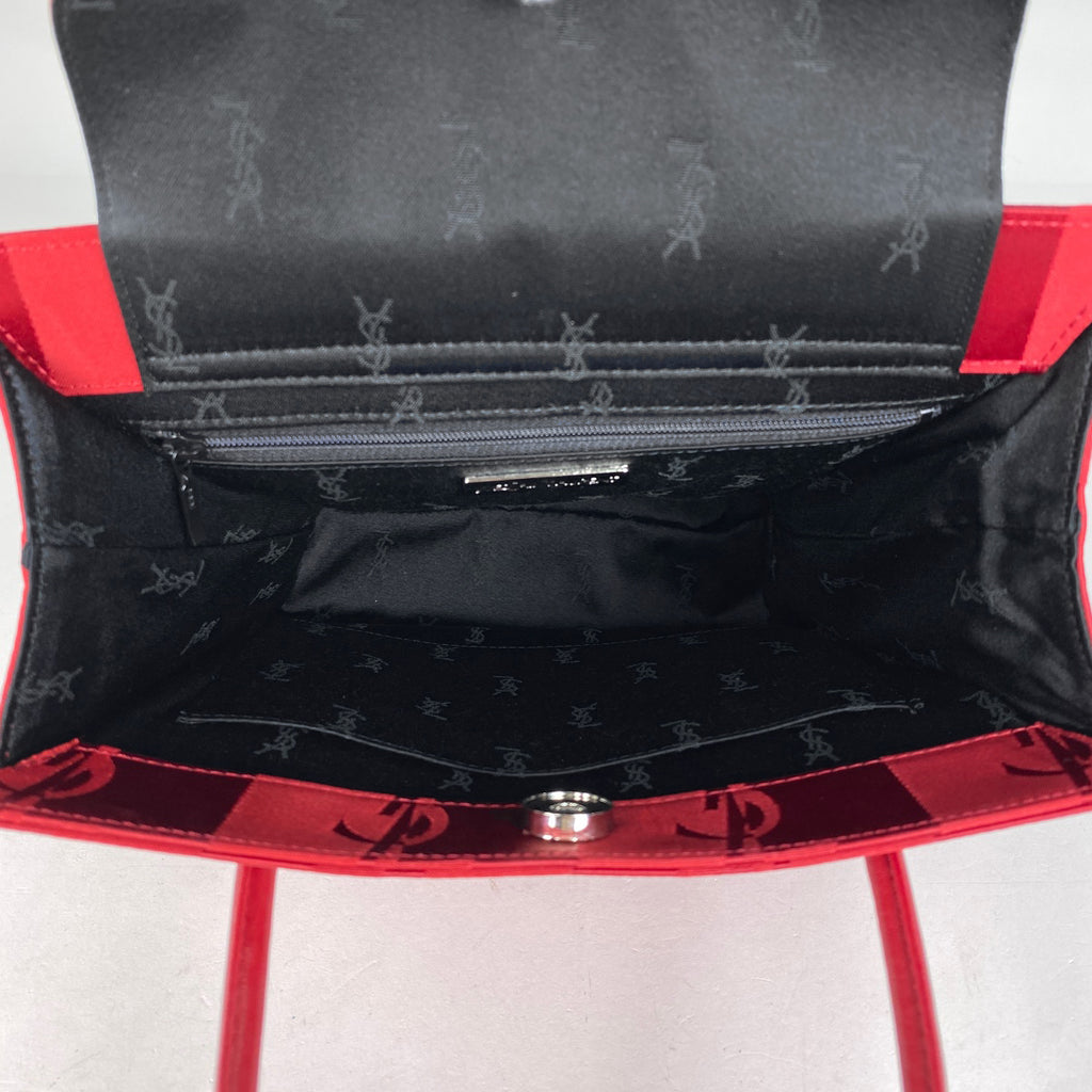 イヴ・サンローラン ロゴ ハンドバッグ YSL ストライプ ハンドバッグ サテン レッド レディース 【中古】brbag