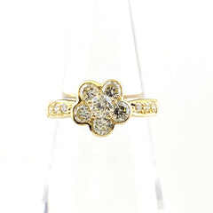 フラワーモチーフ デザインリング YG イエローゴールド 指輪 メレダイヤ 花 リング 9号 K18 ダイヤモンド レディース 【中古】nbjwl