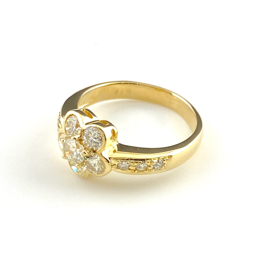 フラワーモチーフ デザインリング YG イエローゴールド 指輪 メレダイヤ 花 リング 9号 K18 ダイヤモンド レディース 【中古】nbjwl