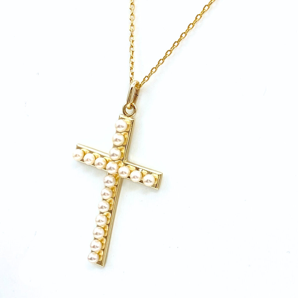 ミキモト クロスモチーフ デザインネックレス YG イエローゴールド ペンダント パール 真珠 十字架 ネックレス K14 パール レディース 【中古】brjwl