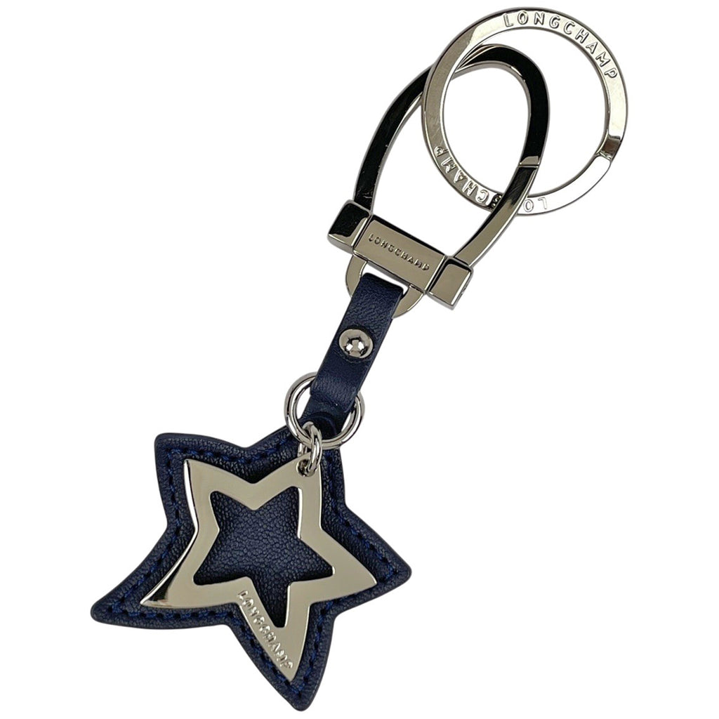 ロンシャン スターモチーフ キーホルダー バッグチャーム 星 ロゴ キーホルダー シルバーメッキ レザー ネイビー シルバー レディース 【中古】brbag