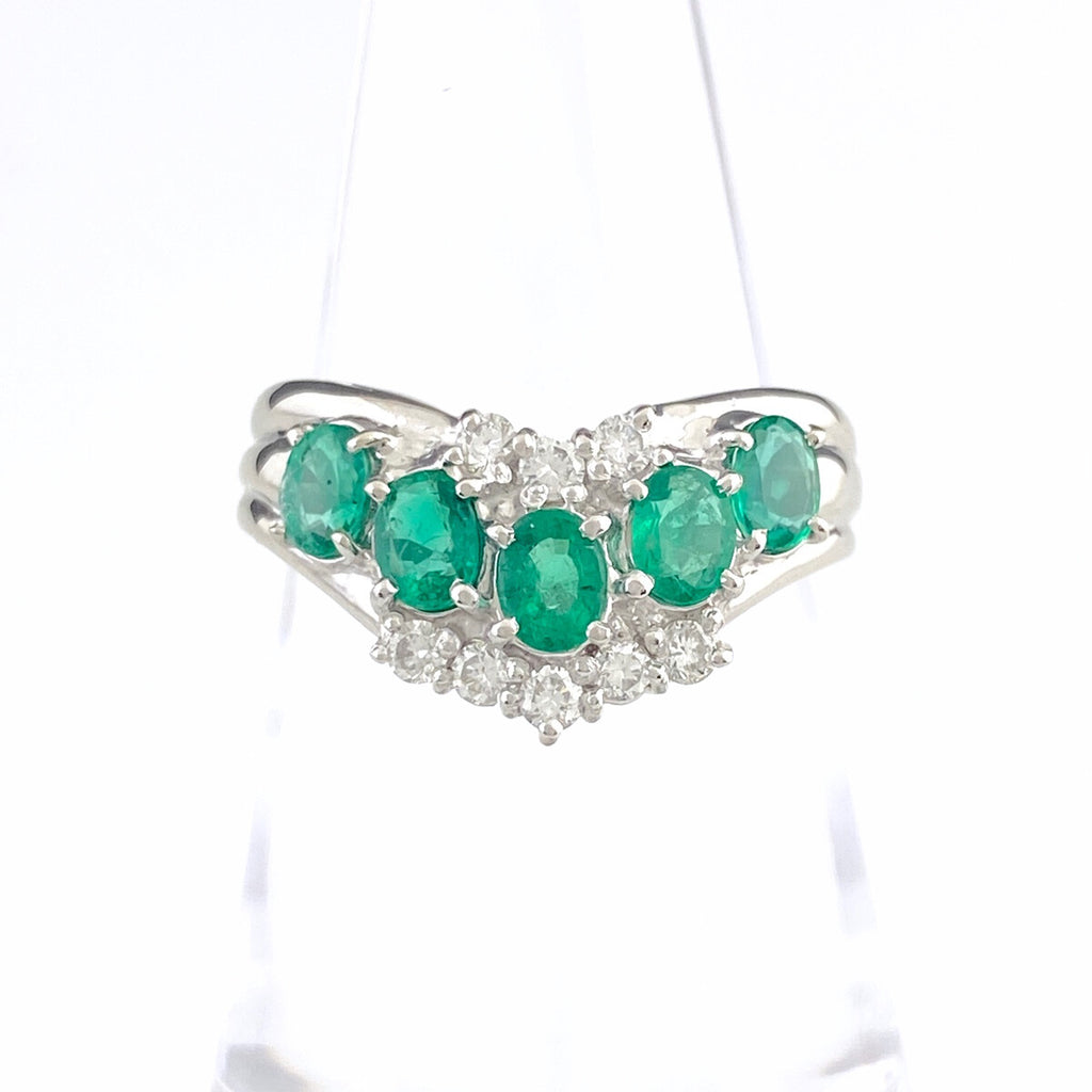 エメラルド デザインリング プラチナ 指輪 メレダイヤ リング 13号 Pt900 エメラルド ダイヤモンド レディース 【中古】nbjwl