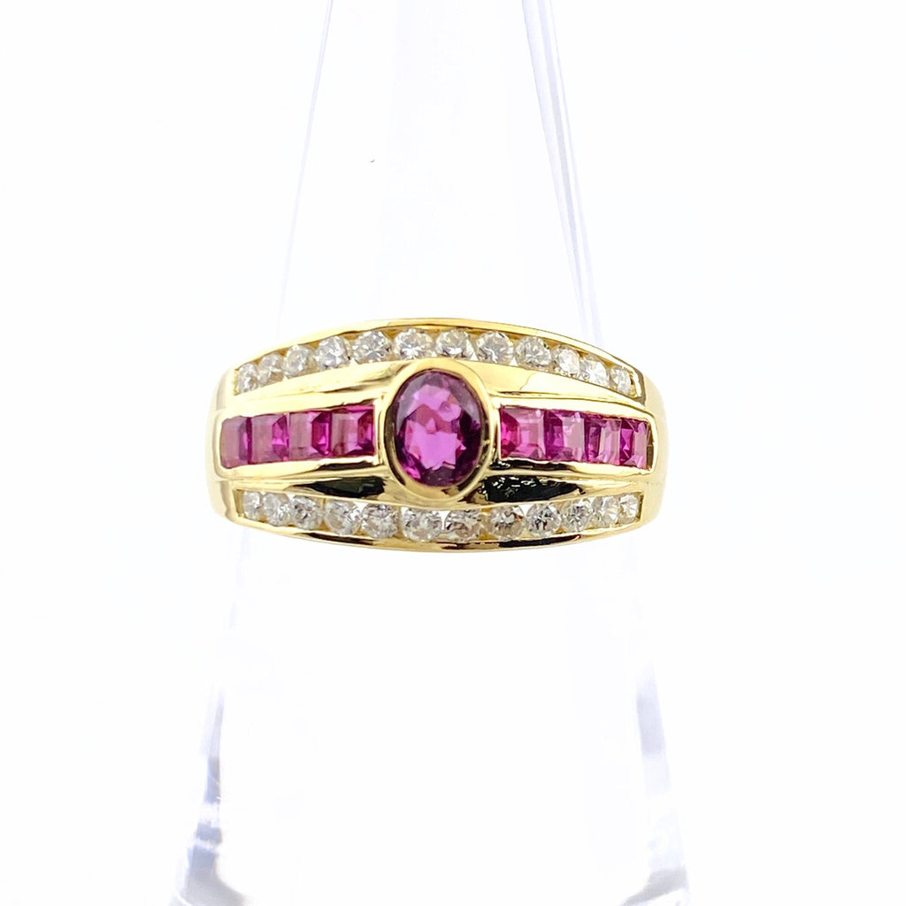 ルビー デザインリング YG イエローゴールド 指輪 メレダイヤ リング 12号 750 ルビー ダイヤモンド レディース 【中古】nbjwl