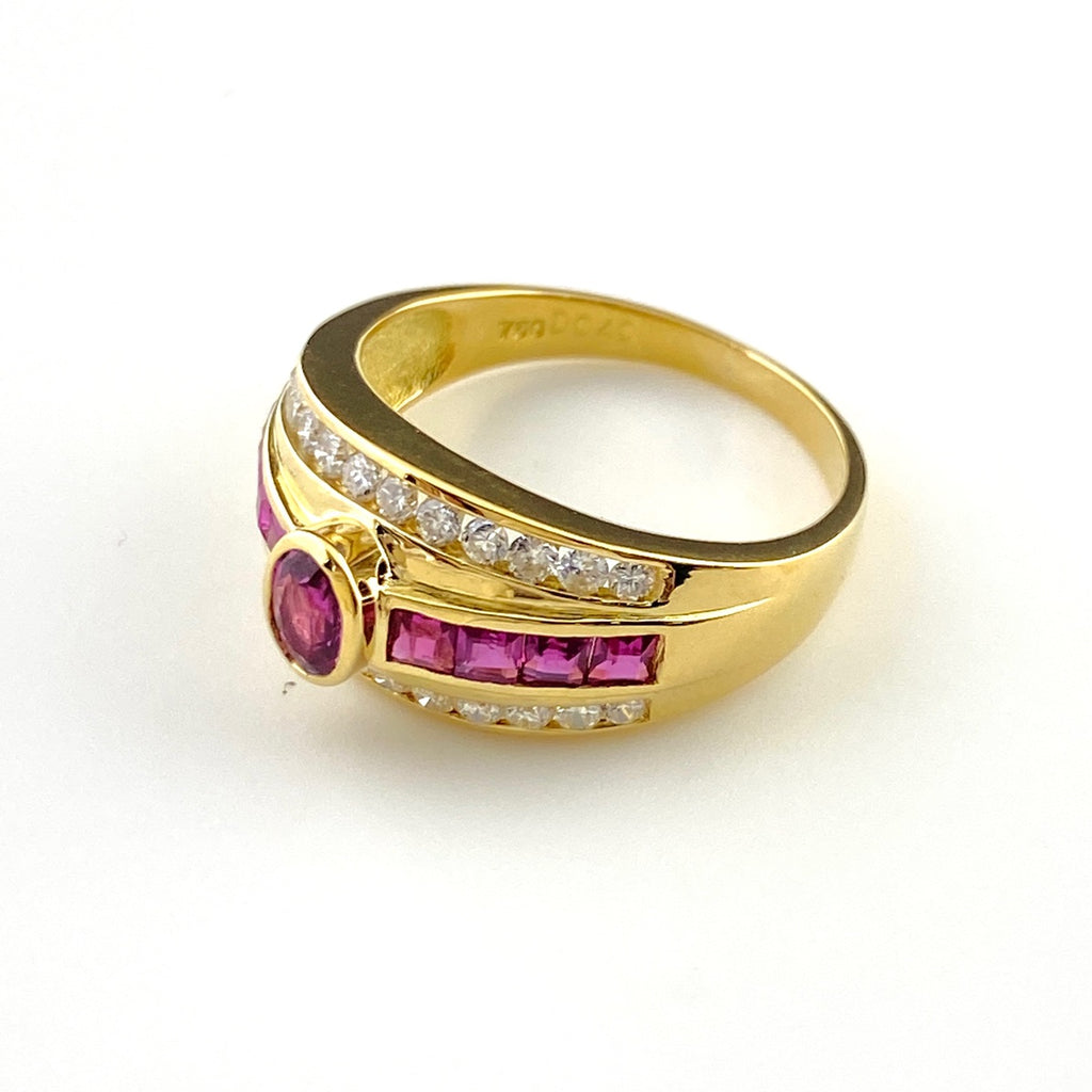 ルビー デザインリング YG イエローゴールド 指輪 メレダイヤ リング 12号 750 ルビー ダイヤモンド レディース 【中古】nbjwl