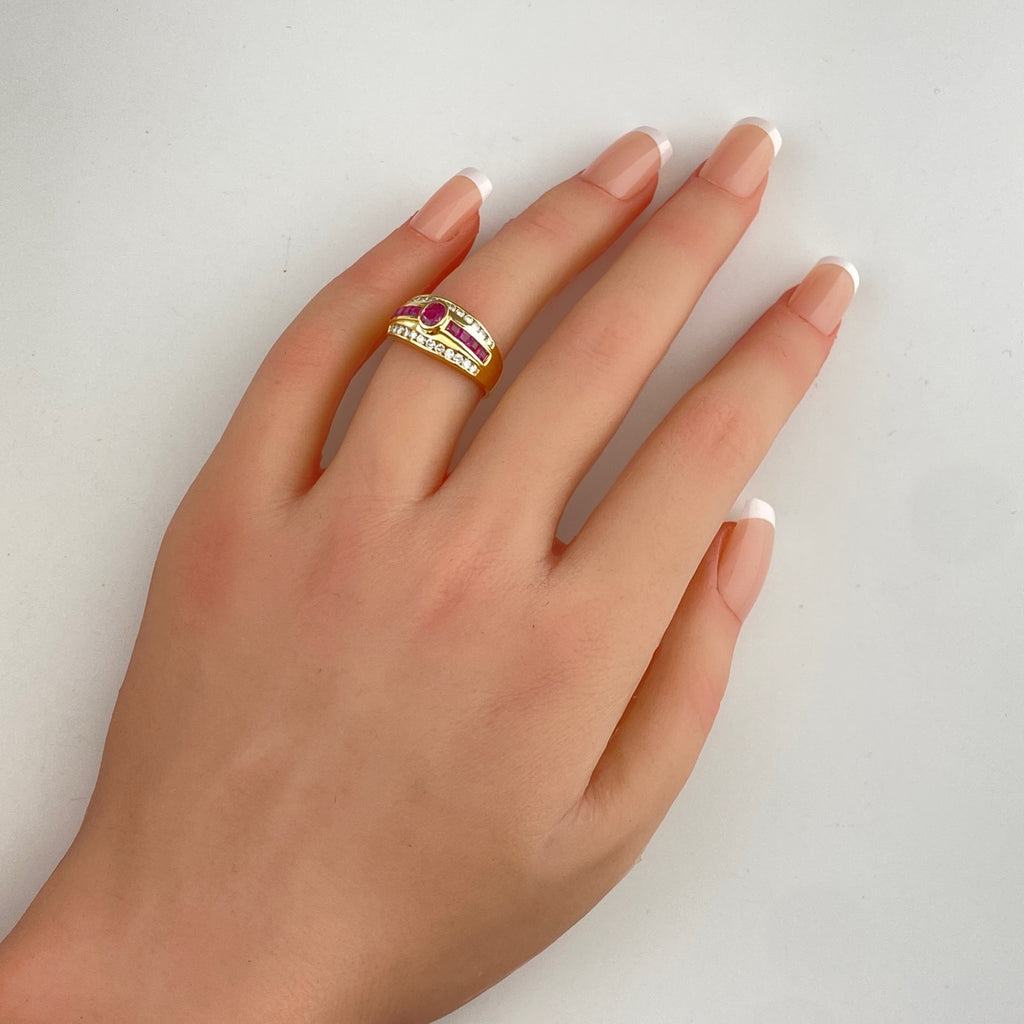 ルビー デザインリング YG イエローゴールド 指輪 メレダイヤ リング 12号 750 ルビー ダイヤモンド レディース 【中古】nbjwl