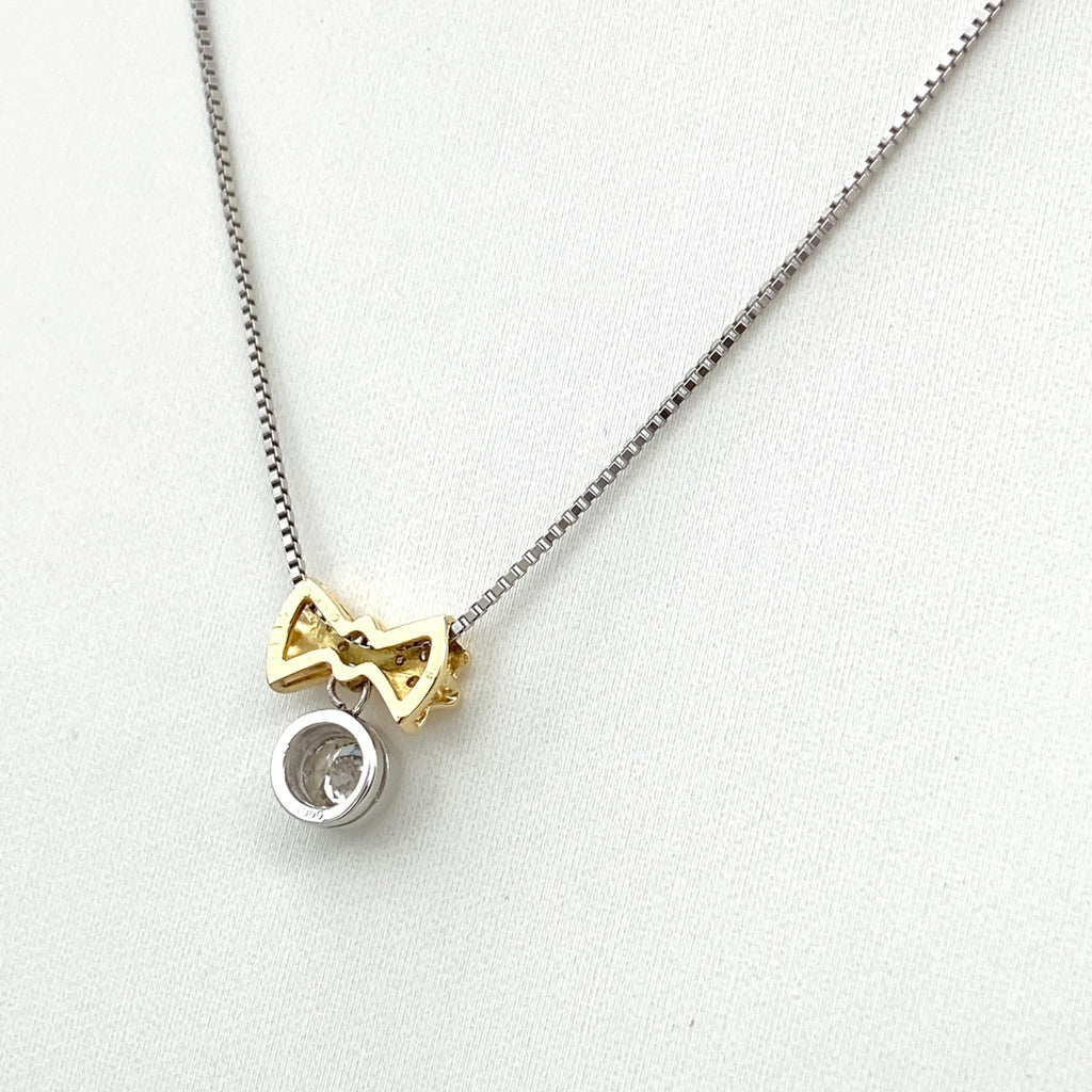 リボンモチーフ デザインネックレス プラチナ YG イエローゴールド ペンダント ダイヤモンド メレダイヤ ネックレス Pt900 Pt850 K18 レディース 【中古】nbjwl