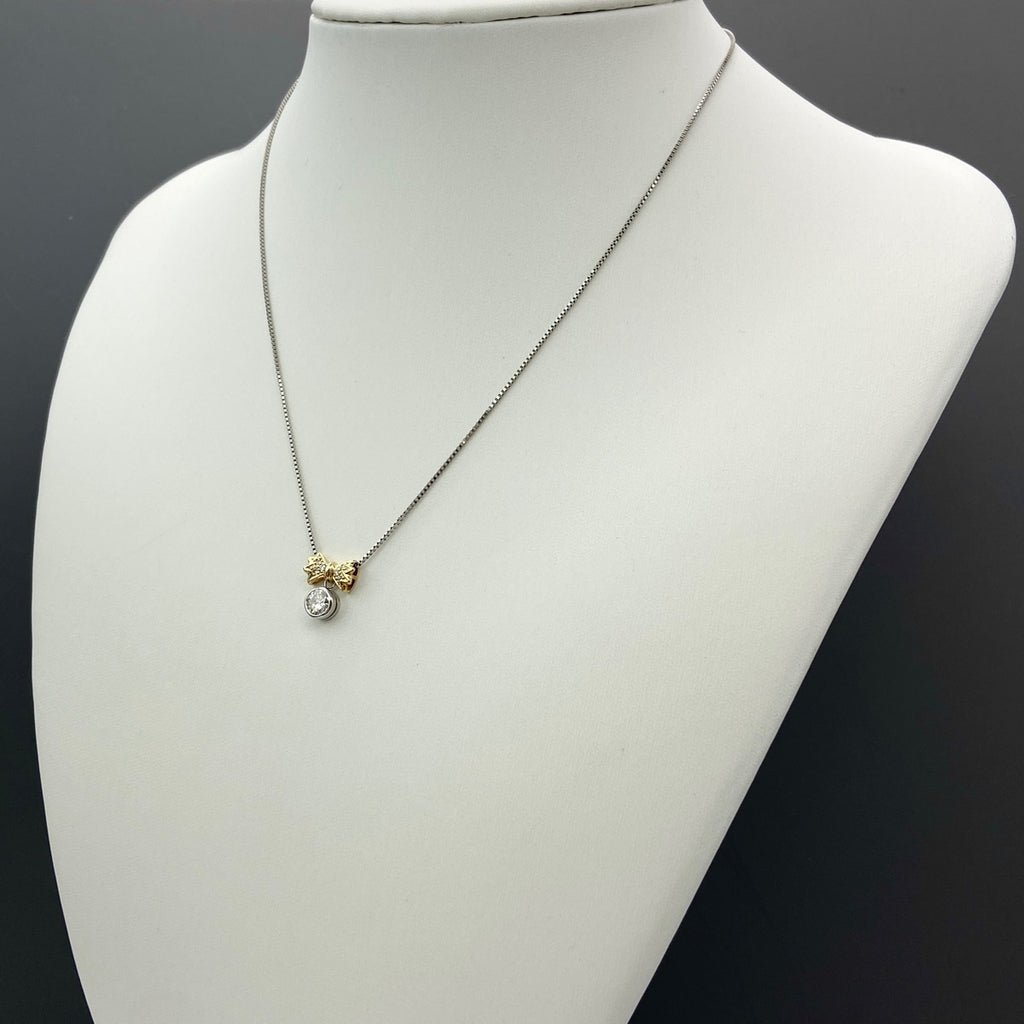 リボンモチーフ デザインネックレス プラチナ YG イエローゴールド ペンダント ダイヤモンド メレダイヤ ネックレス Pt900 Pt850 K18 レディース 【中古】nbjwl