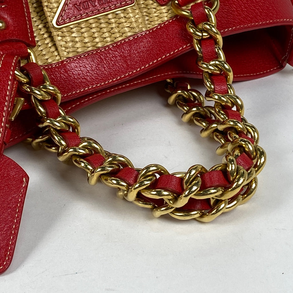 プラダ ロゴ ハンドバッグ 2WAY ショルダーバッグ ラフィア ストロー ハンドバッグ レザー ベージュ レッド レディース 【中古】brbag