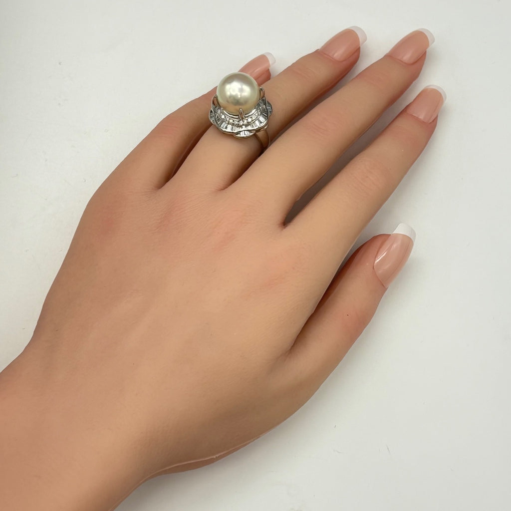 パール デザインリング プラチナ 指輪 メレダイヤ 真珠 リング 10号 Pt900 パール ダイヤモンド レディース 【中古】nbjwl