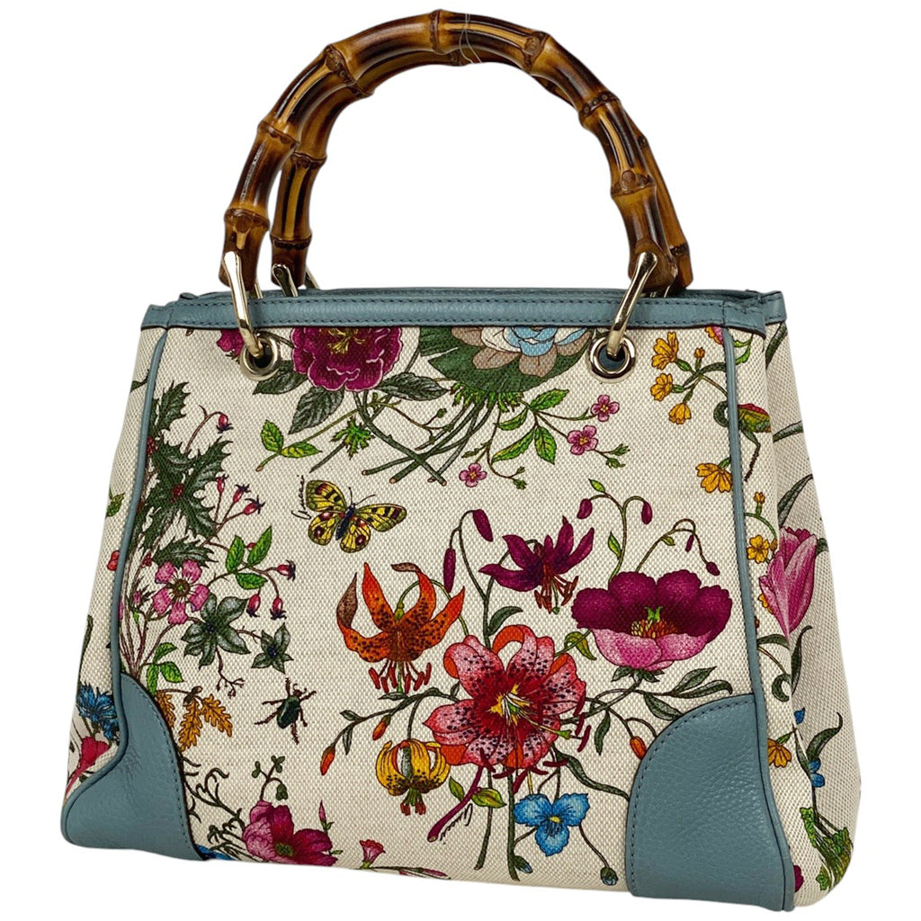 グッチ バンブー スモール ショッパー ハンドバッグ フローラ 花柄 50周年記念 ハンドバッグ キャンバス ライトブルー マルチカラー 336032 レディース 【中古】brbag