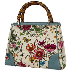 グッチ バンブー スモール ショッパー ハンドバッグ フローラ 花柄 50周年記念 ハンドバッグ キャンバス ライトブルー マルチカラー 336032 レディース 【中古】brbag
