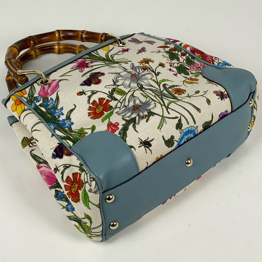 グッチ バンブー スモール ショッパー ハンドバッグ フローラ 花柄 50周年記念 ハンドバッグ キャンバス ライトブルー マルチカラー 336032 レディース 【中古】brbag