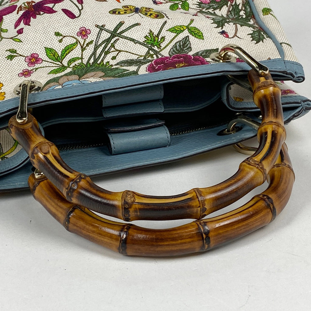 グッチ バンブー スモール ショッパー ハンドバッグ フローラ 花柄 50周年記念 ハンドバッグ キャンバス ライトブルー マルチカラー 336032 レディース 【中古】brbag