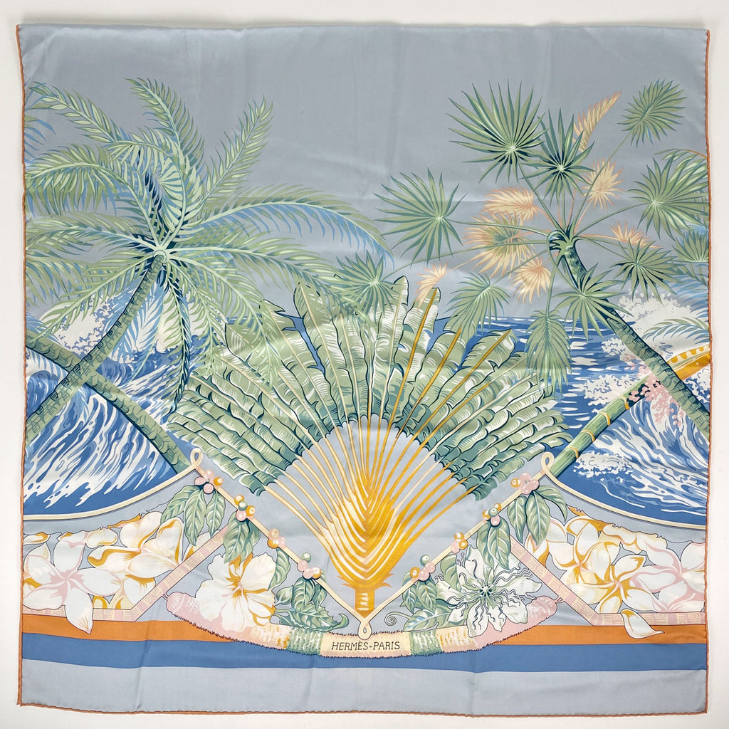エルメス パームツリー柄 ストール アロハ スカーフ レクタングル ストール シルク ライトブルー マルチカラー レディース 【中古】brbag