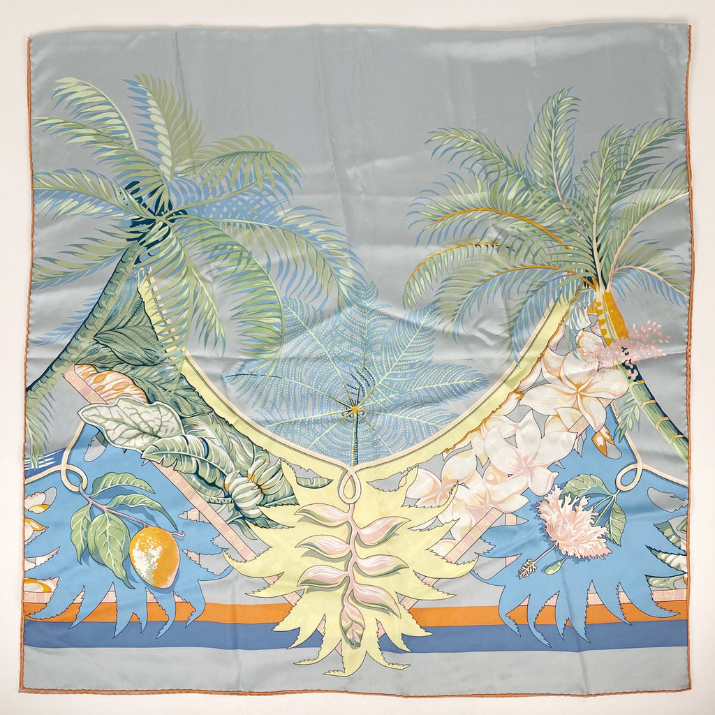エルメス パームツリー柄 ストール アロハ スカーフ レクタングル ストール シルク ライトブルー マルチカラー レディース 【中古】brbag