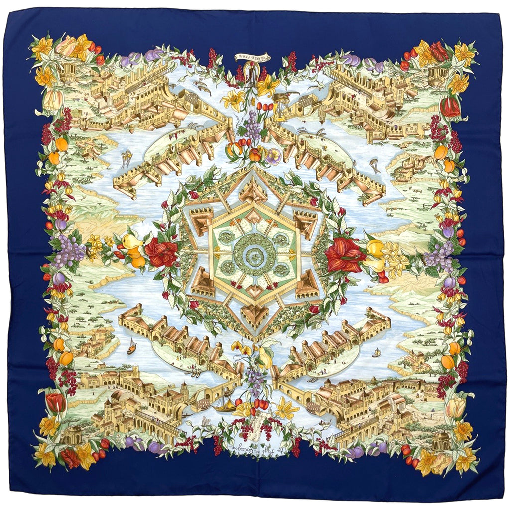 エルメス カレ 90 Au Pays de Cocagne 楽園にて スカーフ シルク ネイビー マルチカラー レディース 【中古】brbag