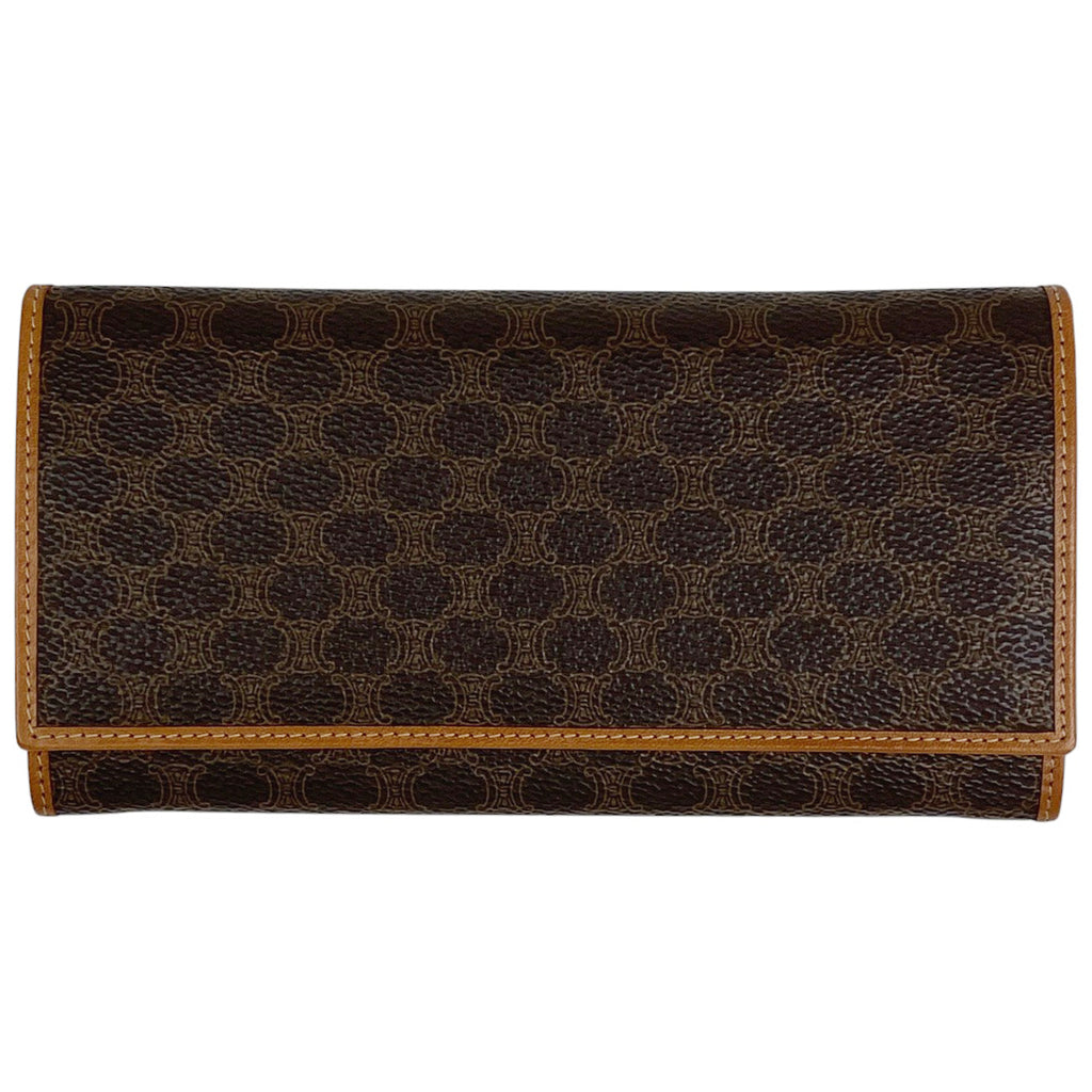 セリーヌ マカダム柄 二つ折り 長財布 札入れ 小銭入れ がま口 長財布 コーティングキャンバス ブラウン レディース 【中古】brbag