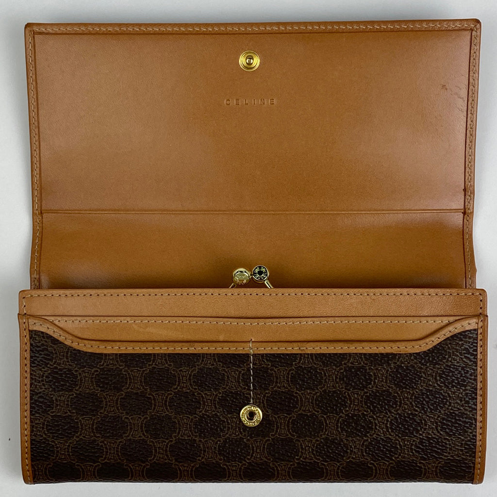 セリーヌ マカダム柄 二つ折り 長財布 札入れ 小銭入れ がま口 長財布 コーティングキャンバス ブラウン レディース 【中古】brbag