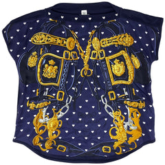 【在庫一掃】 エルメス ニット切り替え カットソー BRIDES de GALA フレンチスリーブ トップス カットソー ネイビー ゴールド レディース 【中古】brapp