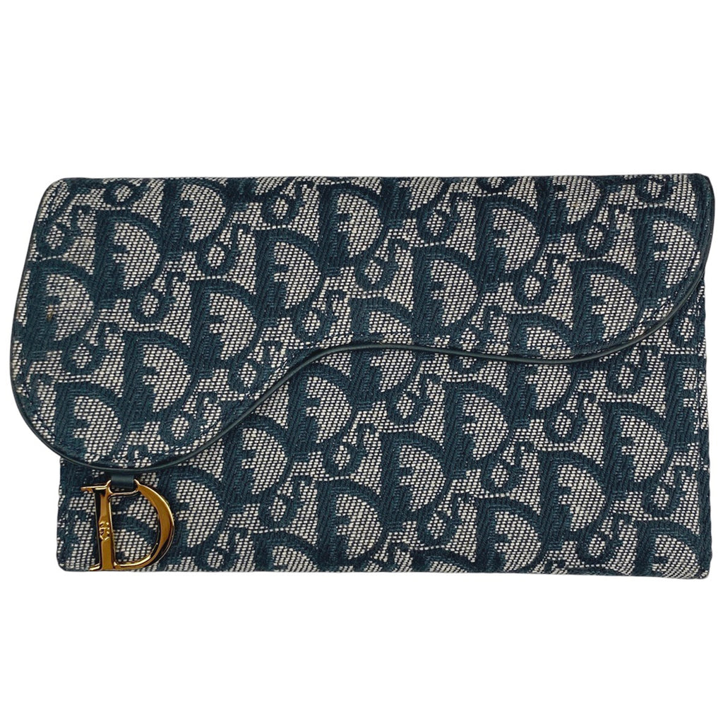 クリスチャンディオール トロッター柄 三つ折り 長財布 サドル 長財布 キャンバス ネイビー レディース 【中古】brbag