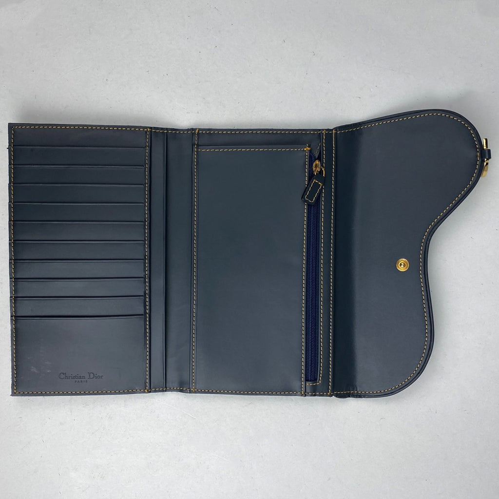 クリスチャンディオール トロッター柄 三つ折り 長財布 サドル 長財布 キャンバス ネイビー レディース 【中古】brbag