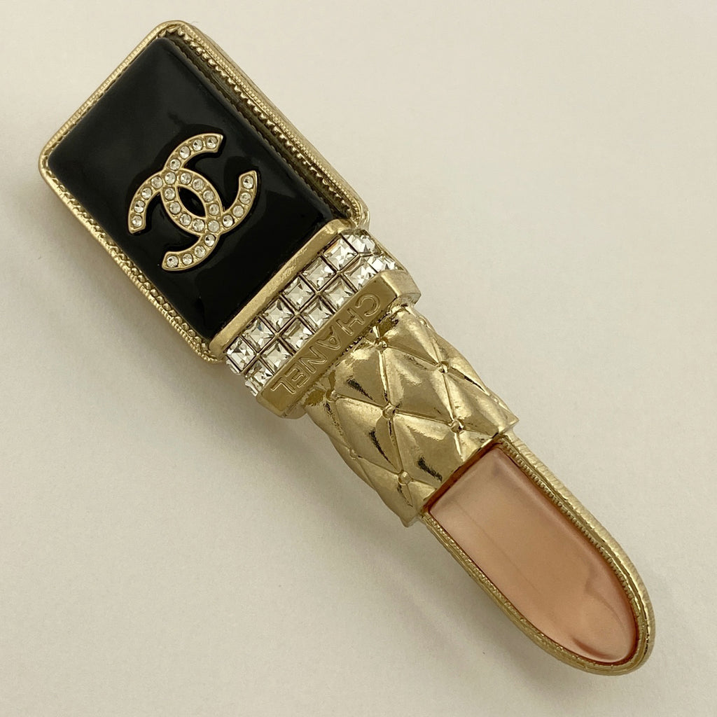 シャネル ココマーク ピンブローチ ロゴ ラインストーン 口紅モチーフ ブローチ GP ブラック レディース 【中古】bracc