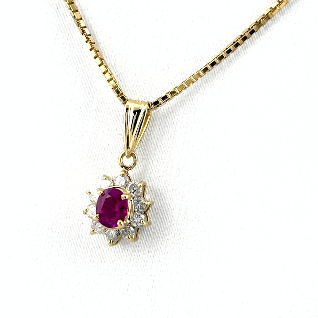 ルビー デザインネックレス YG イエローゴールド ペンダント メレダイヤ 750 ネックレス K18 ルビー ダイヤモンド レディース 【中古】nbjwl