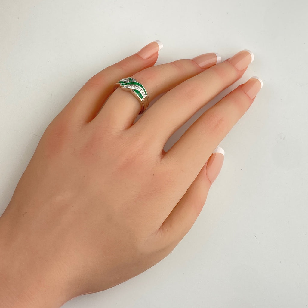 エメラルド デザインリング プラチナ 指輪 メレダイヤ リング 13.5号 Pt900 エメラルド ダイヤモンド レディース 【中古】nbjwl