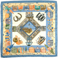 エルメス カレ 90 CHARMES DES PLAGES NORMANDES ノルマンディ海岸の魅力 スカーフ シルク ライトブルー マルチカラー レディース 【中古】brbag