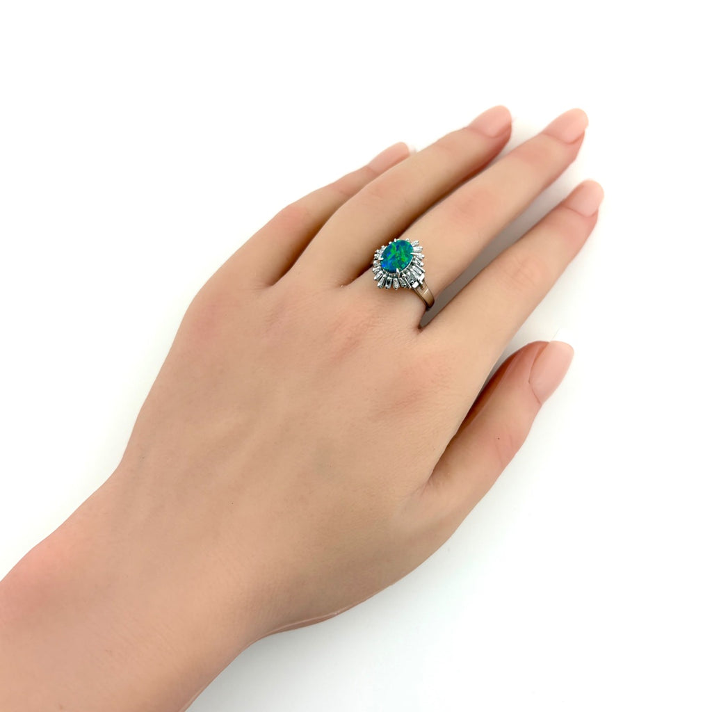 ブラックオパール デザインリング プラチナ 指輪 メレダイヤ リング 13号 Pt900 ブラックオパール ダイヤモンド レディース 【中古】nbjwl