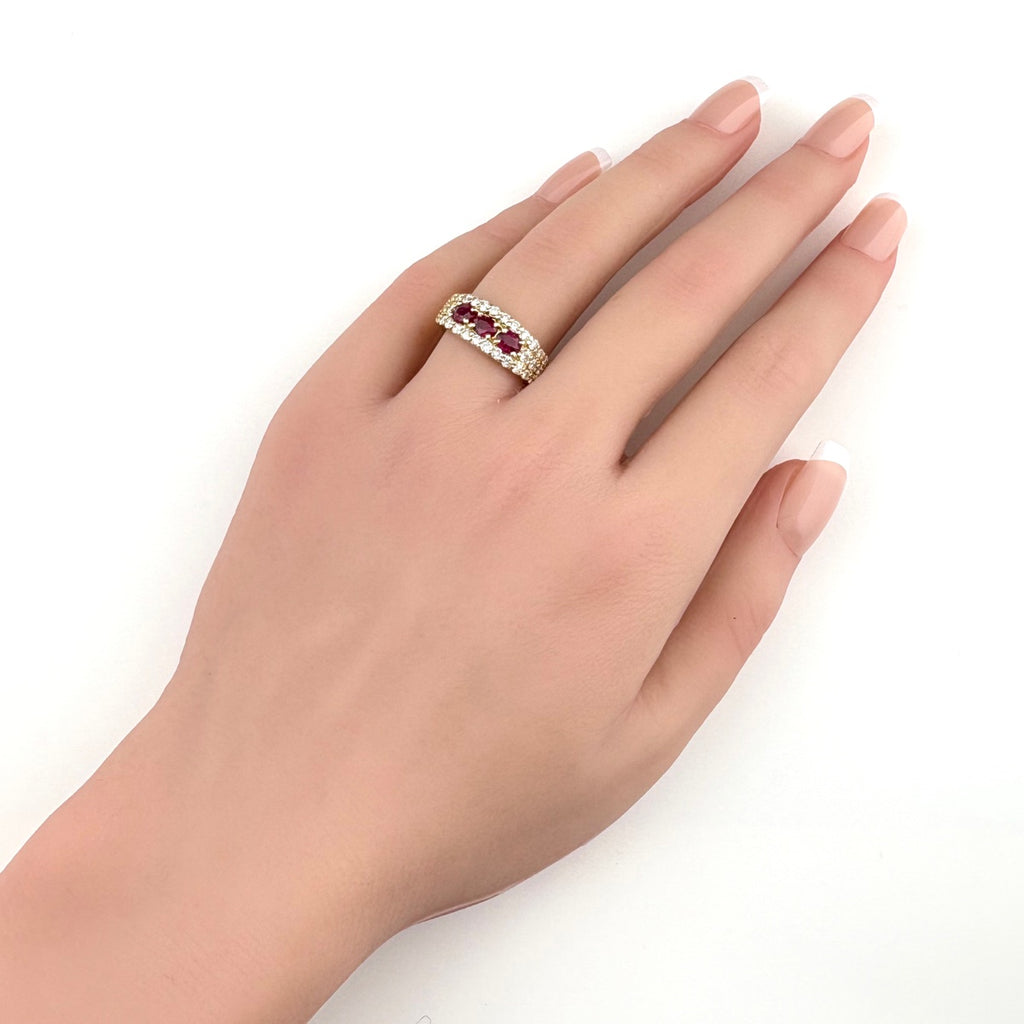 ルビー デザインリング YG イエローゴールド 指輪 メレダイヤ リング 13号 K18 ルビー ダイヤモンド レディース 【中古】nbjwl