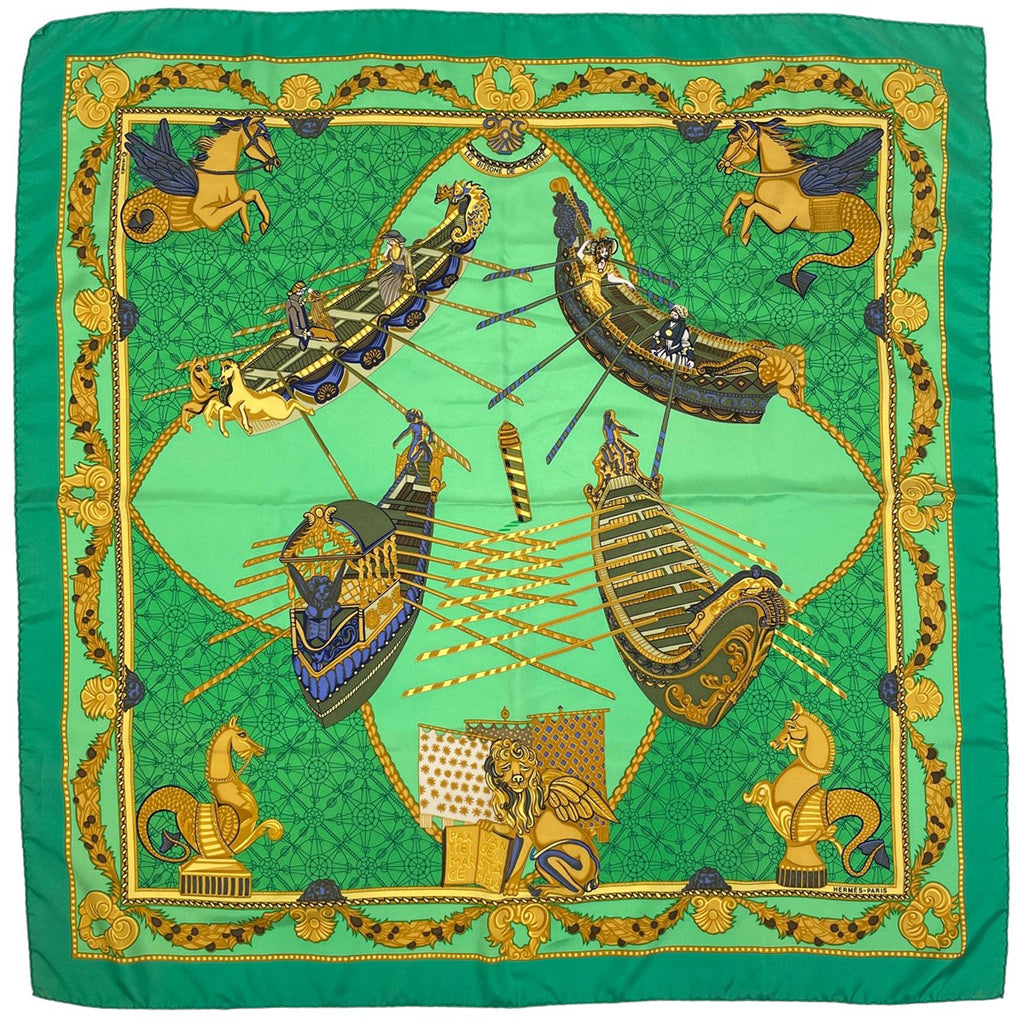 エルメス カレ 90 LES BISSONE DE VENISE ヴェニスの船祭り スカーフ スカーフ シルク グリーン マルチカラー レディース 【中古】brbag