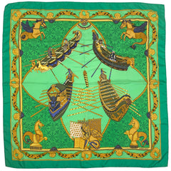 エルメス カレ 90 LES BISSONE DE VENISE ヴェニスの船祭り スカーフ スカーフ シルク グリーン マルチカラー レディース 【中古】brbag