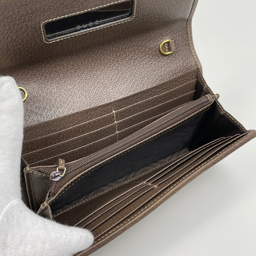 グッチ オフィディアGG 二つ折り 長財布 チェーンウォレット シェリーライン ウェブ 長財布 コーティングキャンバス ブラウン レディース 【中古】brbag