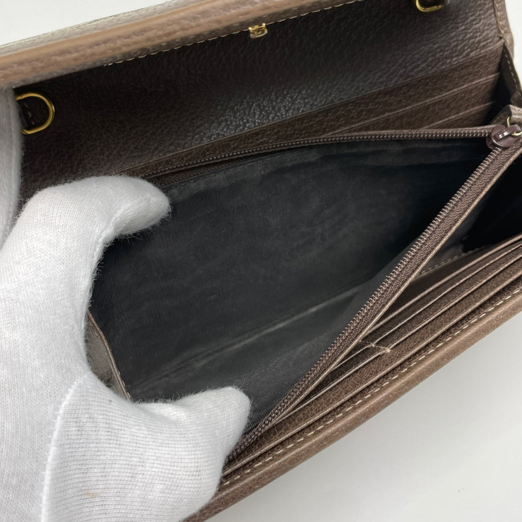 グッチ オフィディアGG 二つ折り 長財布 チェーンウォレット シェリーライン ウェブ 長財布 コーティングキャンバス ブラウン レディース 【中古】brbag